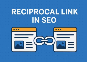 Illustration of a reciprocal link in SEO, showing two web pages connected by a chain link icon.