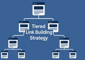 Illustration of tiered link building strategy showing sites linking to higher link levels, backlinks in stages.