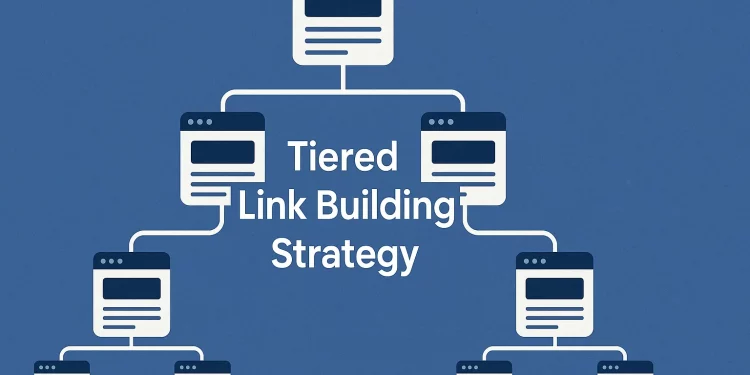 Illustration of tiered link building strategy showing sites linking to higher link levels, backlinks in stages.